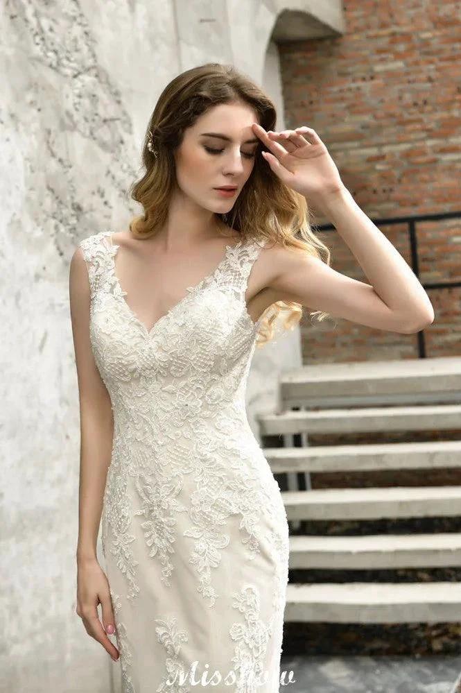 Charming V-Neck Floral Lace Mermaid Bridal Gown Sleeveless Sain Dress For Bride - Image 3