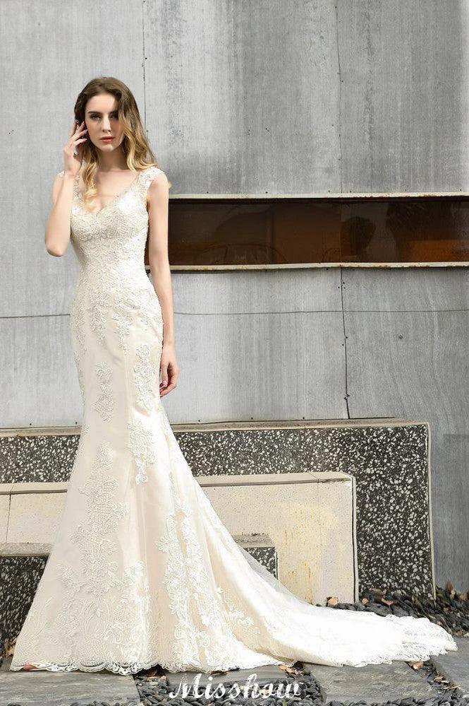 Charming V-Neck Floral Lace Mermaid Bridal Gown Sleeveless Sain Dress For Bride - Image 4