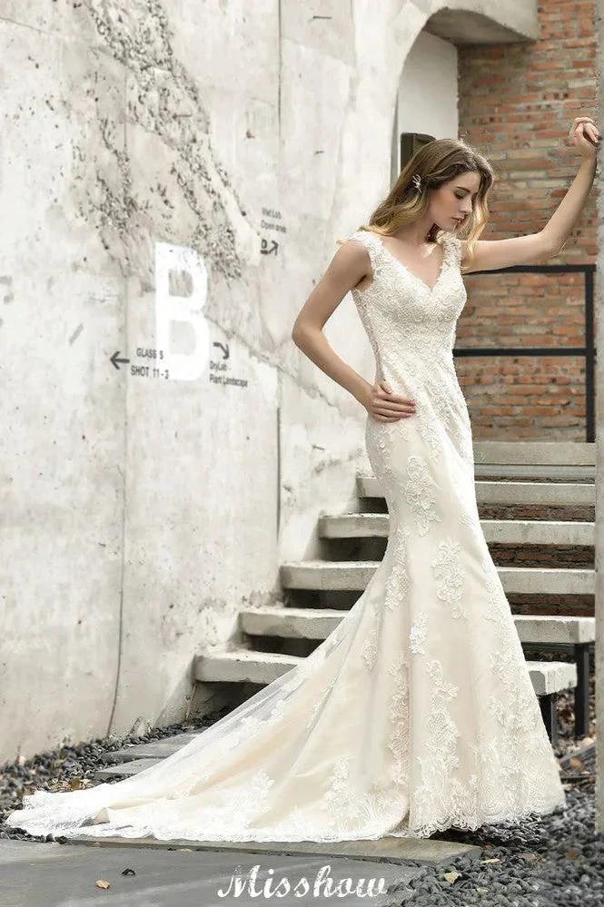 Charming V-Neck Floral Lace Mermaid Bridal Gown Sleeveless Sain Dress For Bride - Image 5