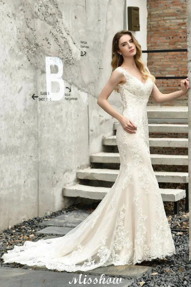 Charming V-Neck Floral Lace Mermaid Bridal Gown Sleeveless Sain Dress For Bride - Image 6