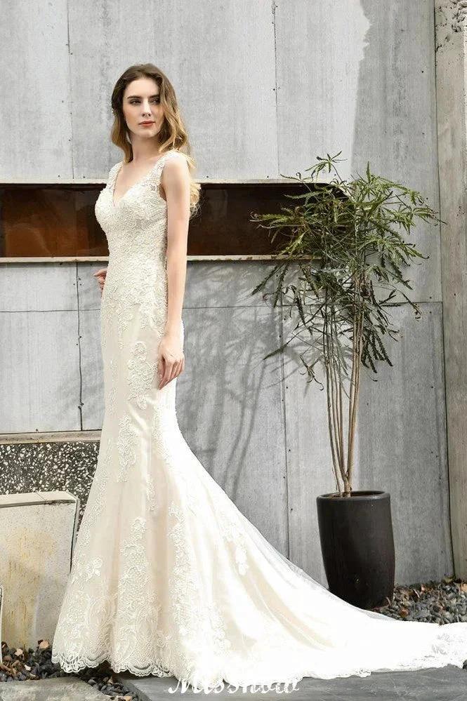 Charming V-Neck Floral Lace Mermaid Bridal Gown Sleeveless Sain Dress For Bride - Image 7