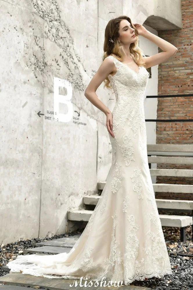 Charming V-Neck Floral Lace Mermaid Bridal Gown Sleeveless Sain Dress For Bride - Image 8