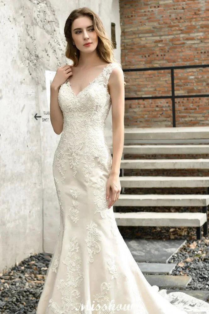 Charming V-Neck Floral Lace Mermaid Bridal Gown Sleeveless Sain Dress For Bride - Image 9