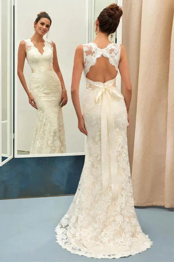 Charming V Neck Lace Sheath Wedding Dress With Sashes WD040 - Image 2