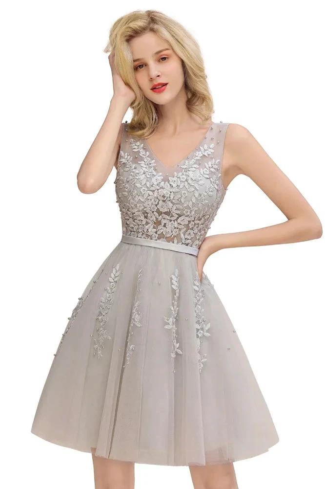 Charming V-Neck Tulle Lace Appliques Short Homecoming Dress Aline Backless Party Dress - Image 10