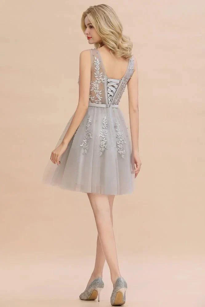 Charming V-Neck Tulle Lace Appliques Short Homecoming Dress Aline Backless Party Dress - Image 2