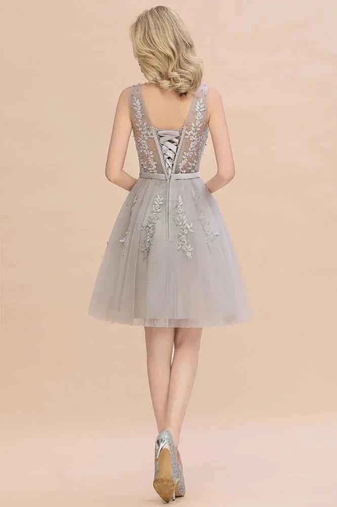 Charming V-Neck Tulle Lace Appliques Short Homecoming Dress Aline Backless Party Dress - Image 3