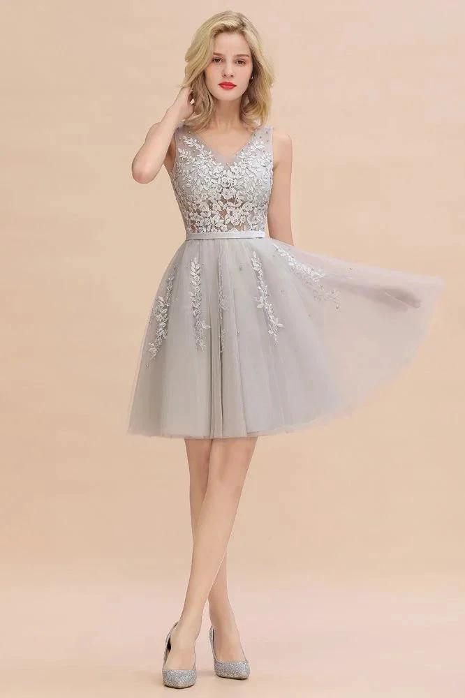Charming V-Neck Tulle Lace Appliques Short Homecoming Dress Aline Backless Party Dress - Image 6