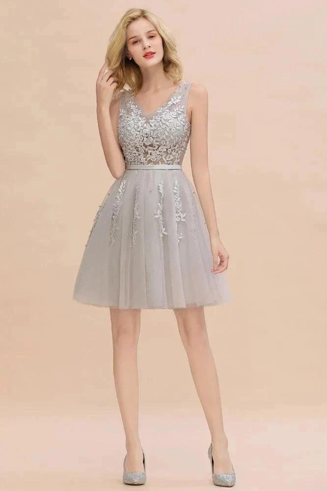 Charming V-Neck Tulle Lace Appliques Short Homecoming Dress Aline Backless Party Dress - Image 7