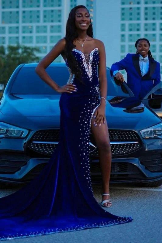 Charming V-Neck Velvet Mermaid Prom Dress Beadings Side Slit Party Dress - Image 2