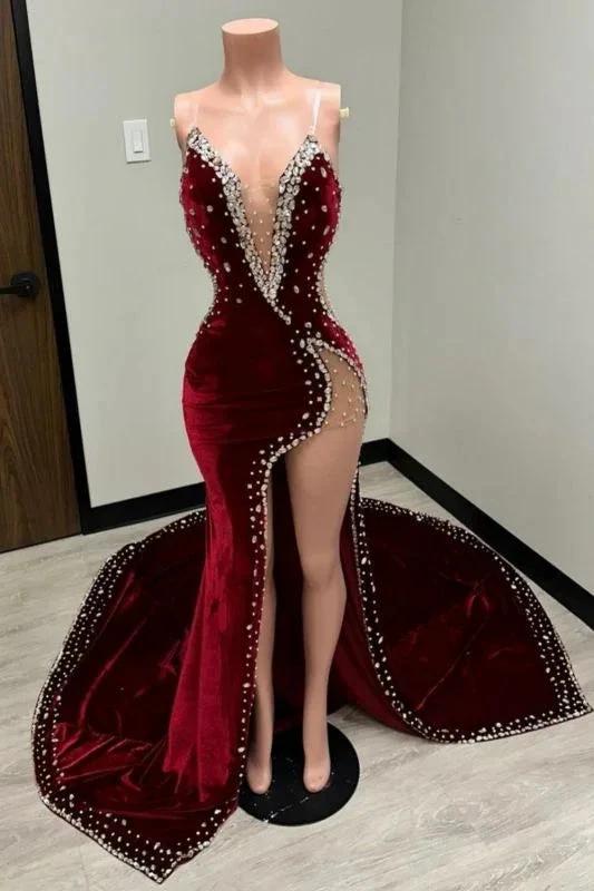 Charming V-Neck Velvet Mermaid Prom Dress Beadings Side Slit Party Dress - Image 3