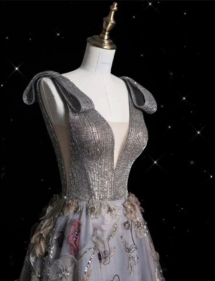 Charming V Neckline Gray Tulle Floral Ball Gown Long Evening Gown Prom Dress Y7953 - Image 2