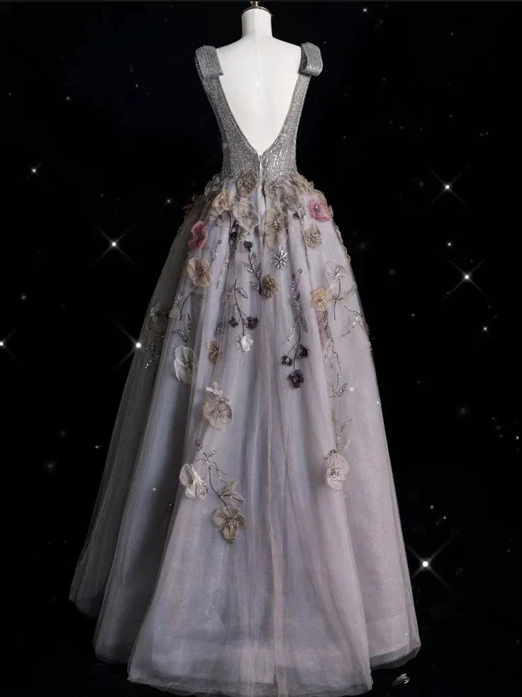Charming V Neckline Gray Tulle Floral Ball Gown Long Evening Gown Prom Dress Y7953 - Image 5