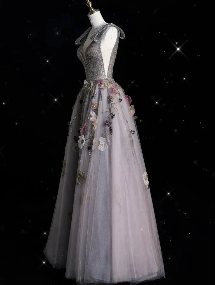 Charming V Neckline Gray Tulle Floral Ball Gown Long Evening Gown Prom Dress Y7953 - Image 6