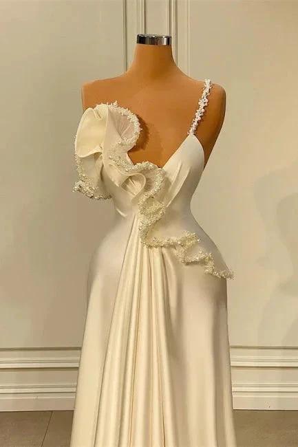 Charming White Asymmetrical Satin Prom Dress with Ruffles - Image 2