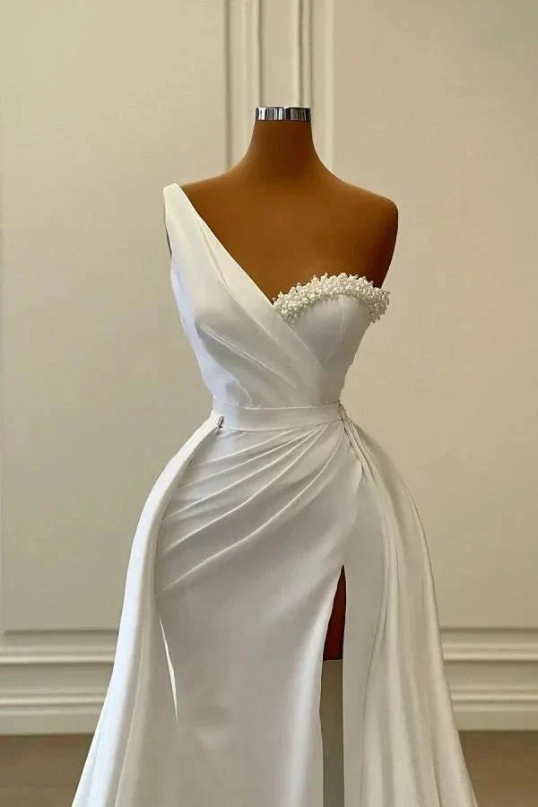 Charming White Long Mermaid One Shoulder Satin Beading Formal Prom Dresses - Image 2