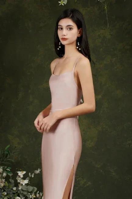 Pink Spaghetti Straps Sleeveless Mermaid Satin Prom Dresses - Image 3