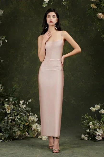 Pink Spaghetti Straps Sleeveless Mermaid Satin Prom Dresses - Image 4