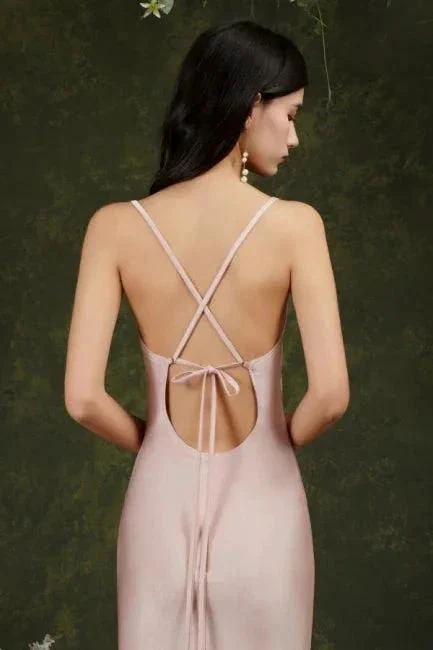 Pink Spaghetti Straps Sleeveless Mermaid Satin Prom Dresses - Image 5