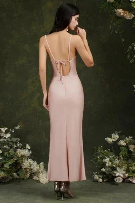 Spaghetti Straps Sleeveless Mermaid Front-Split Satin Prom Dresses - Image 2