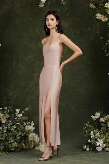 Spaghetti Straps Sleeveless Mermaid Front-Split Satin Prom Dresses - Image 4