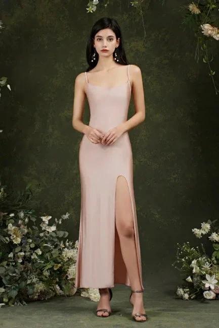 Spaghetti Straps Sleeveless Mermaid Front-Split Satin Prom Dresses - Image 5