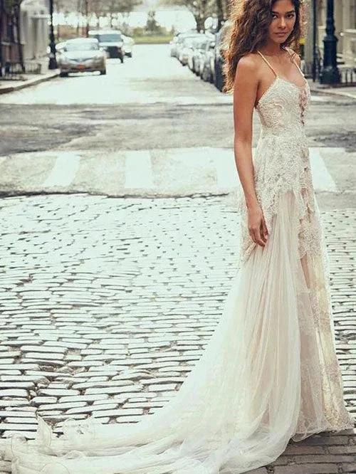 Cheap Spaghetti Straps Tulle Beach Wedding Dress Lace Appliques Bridal Dresses MW312 - Image 2