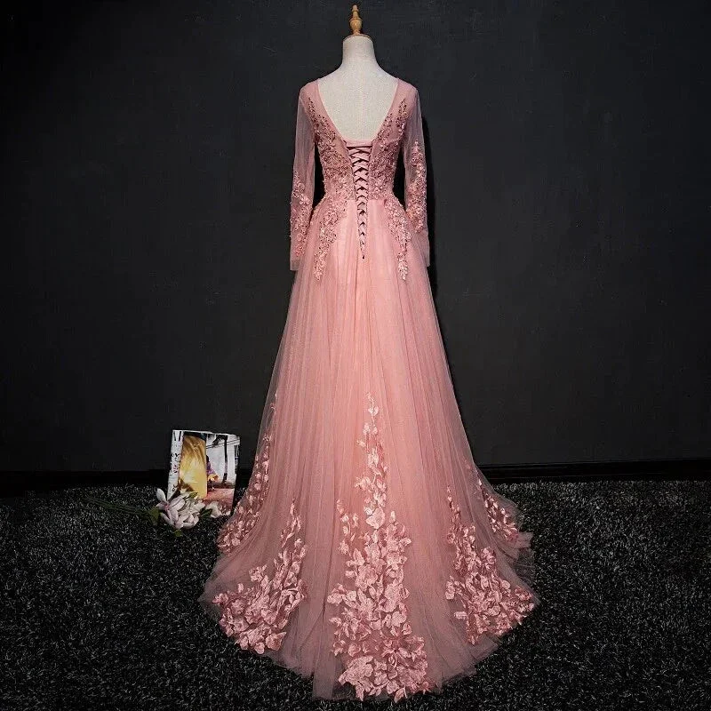 CHIC A-LINE SCOOP FLOOR LENGTH PINK TULLE APPLIQUE PROM DRESS EVENING DRESS Y1177 - Image 2