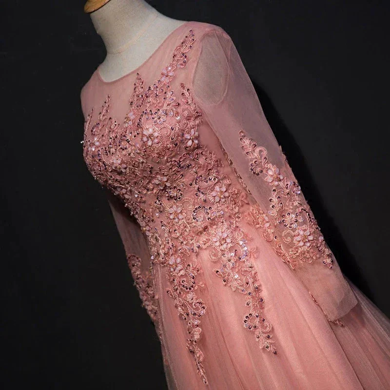 CHIC A-LINE SCOOP FLOOR LENGTH PINK TULLE APPLIQUE PROM DRESS EVENING DRESS Y1177 - Image 3