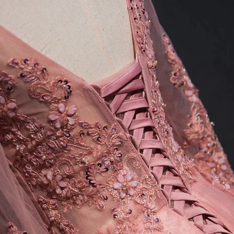 CHIC A-LINE SCOOP FLOOR LENGTH PINK TULLE APPLIQUE PROM DRESS EVENING DRESS Y1177 - Image 4