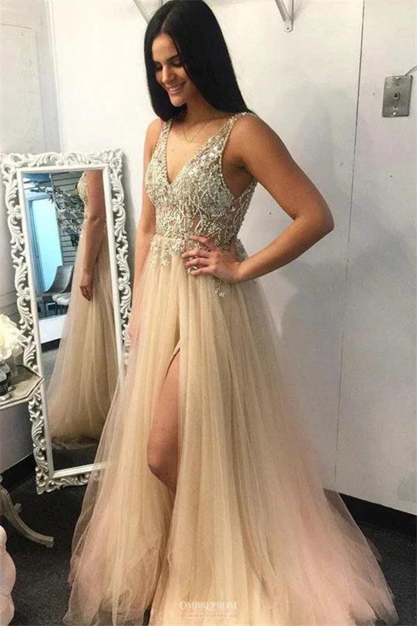 Chic A-line V-neck Appliques Beading Backless Long Prom Dress with Slit - Image 2