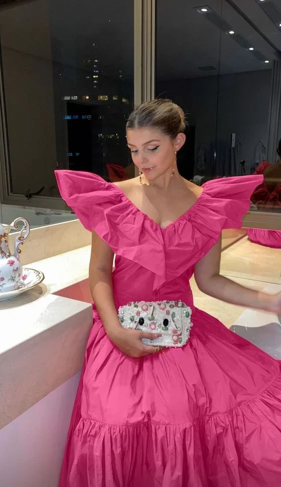 Chic A-line V Neck Pink Evening Dress Pink Formal Dress Y6131 - Image 2