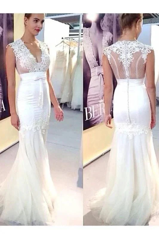 Chic Applique Tulle V-neck Sleeveless Mermaid Elegant Wedding Dresses - Image 2
