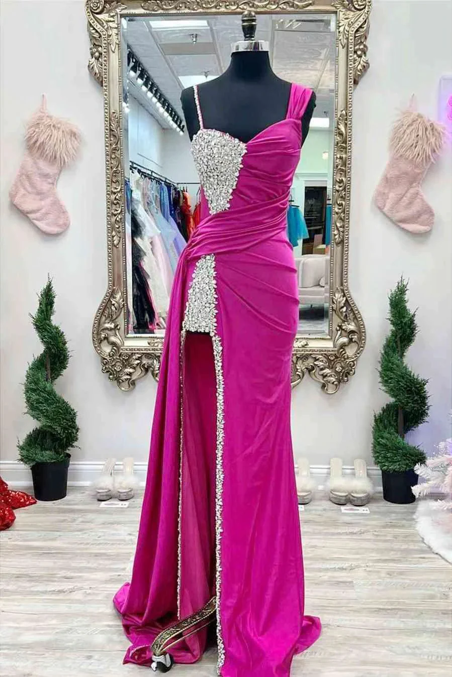 Kaydence | Chic Asymmertrical Fuchsia Beaded Long Porm Dress - Image 2