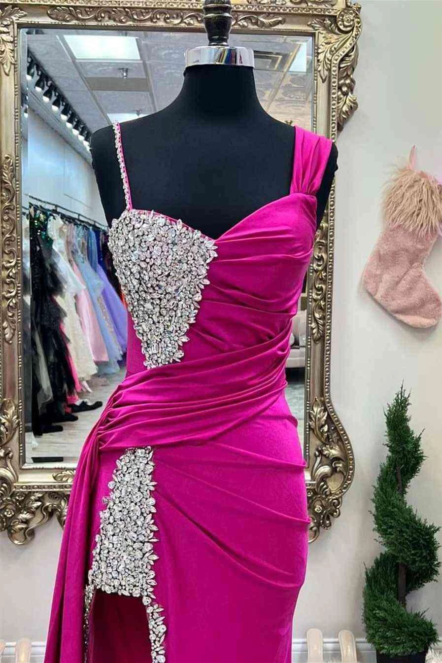 Kaydence | Chic Asymmertrical Fuchsia Beaded Long Porm Dress - Image 3