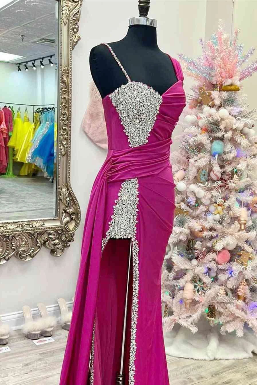 Kaydence | Chic Asymmertrical Fuchsia Beaded Long Porm Dress - Image 4