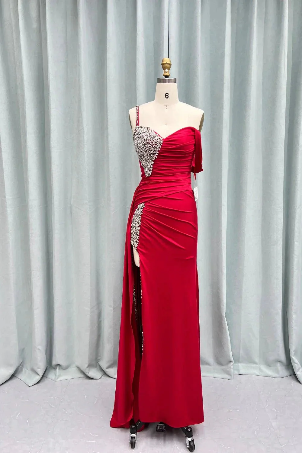 Kaydence | Chic Asymmertrical Fuchsia Beaded Long Porm Dress - Image 6