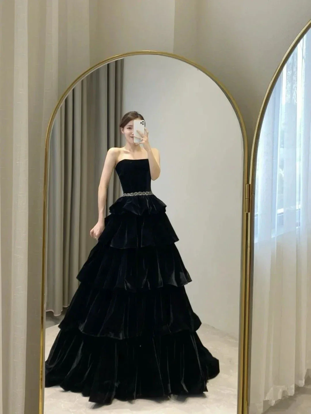 Chic Black A-line Layered Evening Dress Black Strapless Evening Gown Y4378 - Image 2
