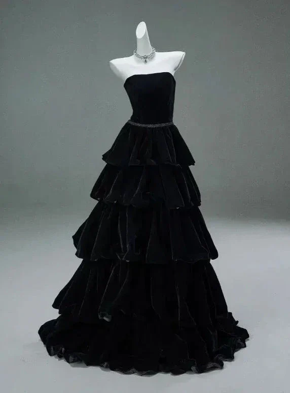 Chic Black A-line Layered Evening Dress Black Strapless Evening Gown Y4378 - Image 4