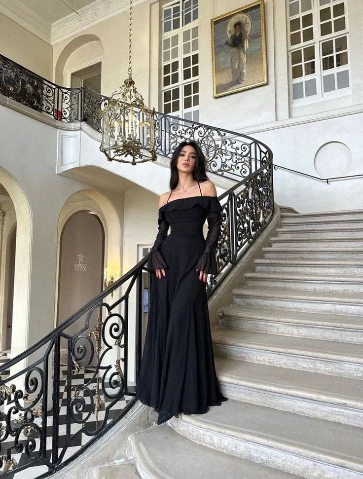 Chic Black Long Evening Dress Black Formal Gown with Bell Sleeves Y4357 - Image 3