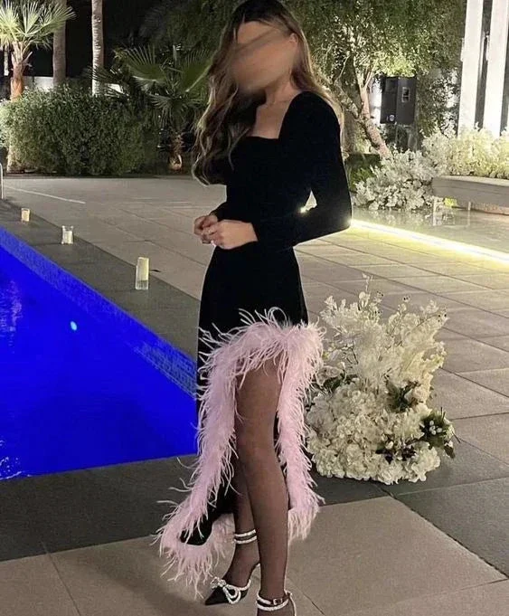 Chic Black Long Sleeves Evening Dress With Feathers Y6724 - Image 2
