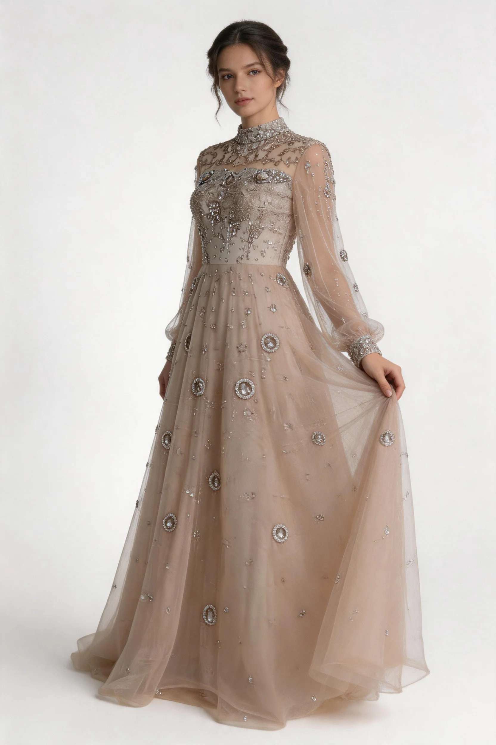 Champagne Beaded High-Neck Long Sleeve A-Line Evening Gown with Illusion Tulle - Image 2
