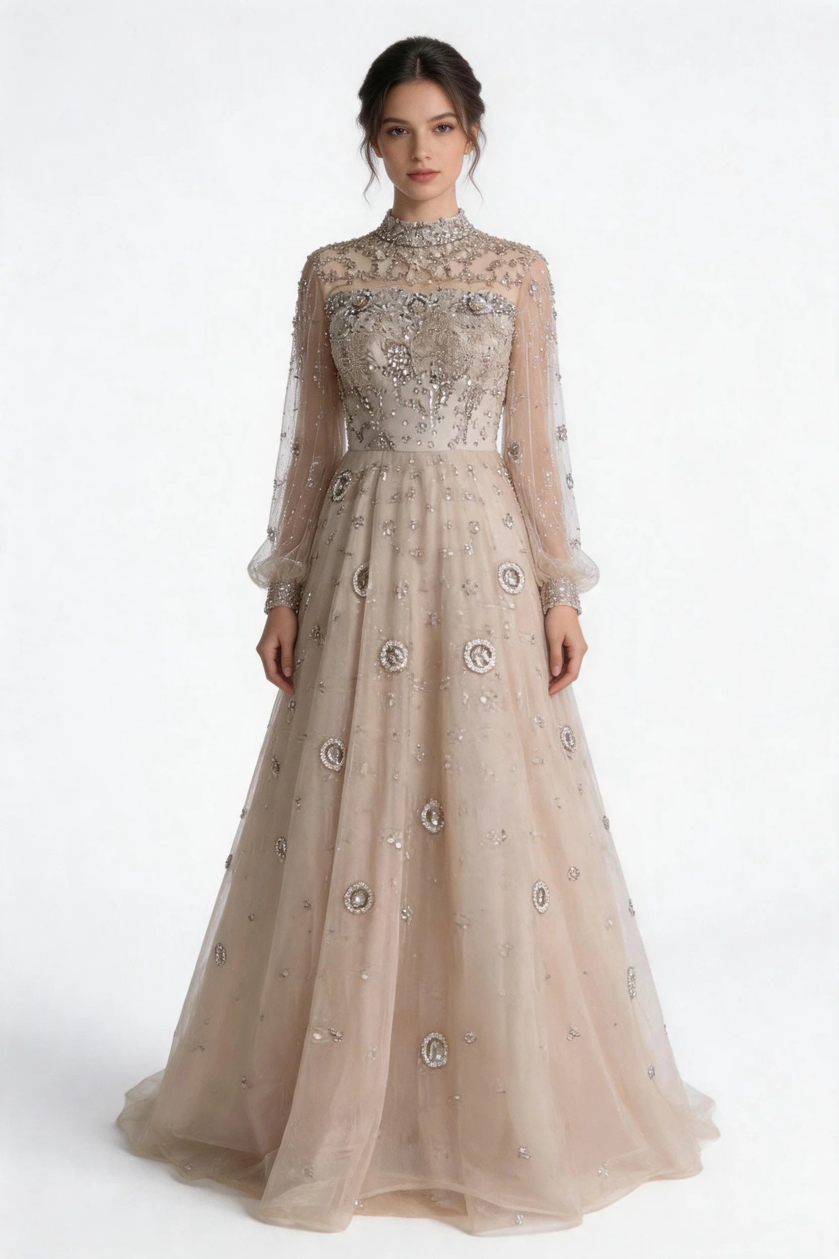 Champagne Beaded High-Neck Long Sleeve A-Line Evening Gown with Illusion Tulle - Image 3