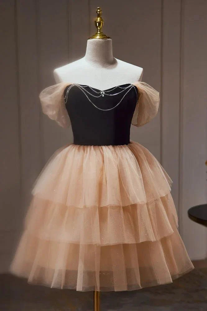 Chic Champagne Off The Shoulder Beading Tulle Short Homecoming Dresses - Image 2