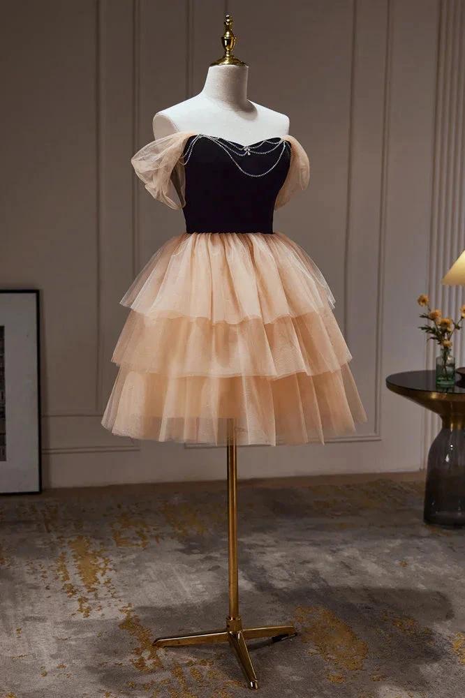 Chic Champagne Off The Shoulder Beading Tulle Short Homecoming Dresses - Image 3