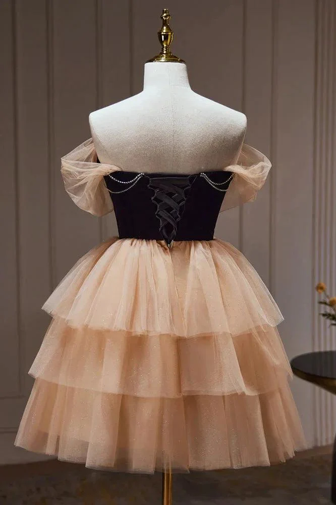 Chic Champagne Off The Shoulder Beading Tulle Short Homecoming Dresses - Image 4
