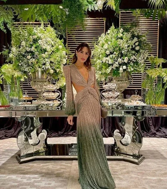Chic Deep V Neck Long Sleeves Evening Dress Glam Dress Y6180 - Image 2