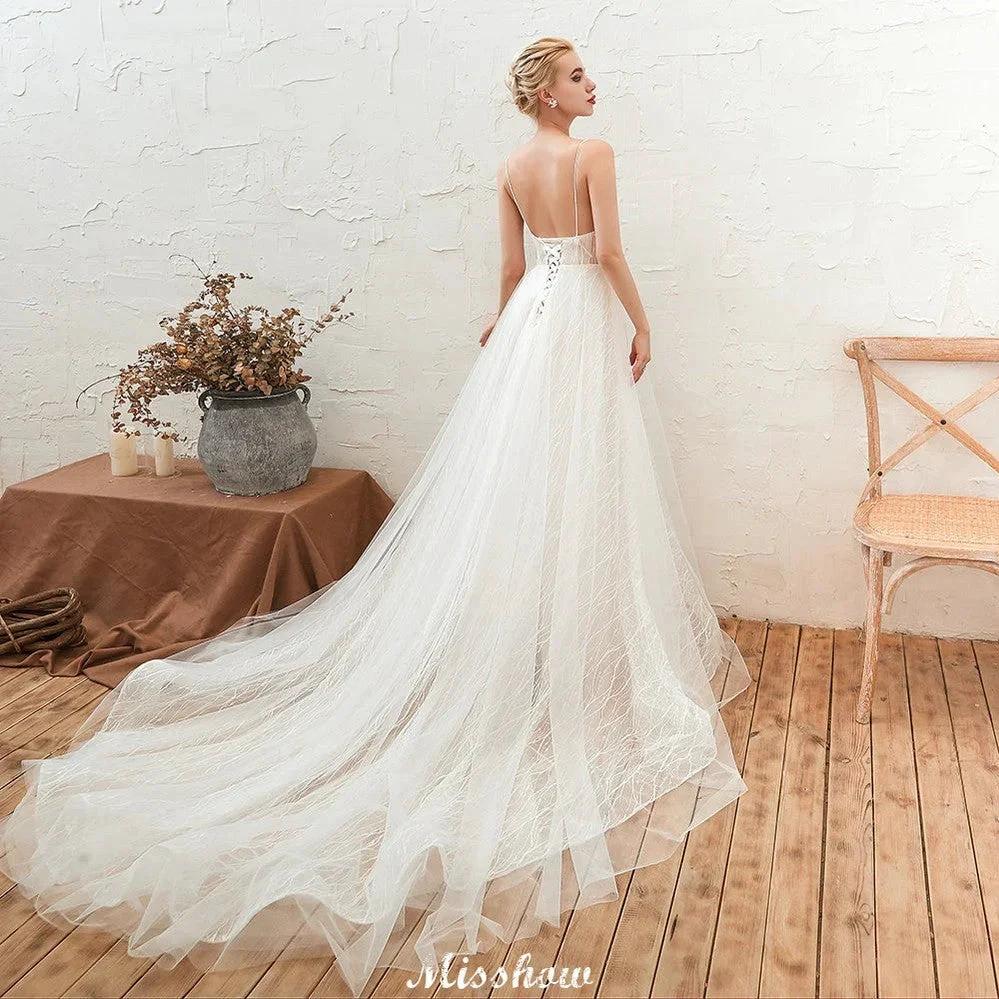Chic Deep V-Neck White Tulle Princess Open Back Wedding Dress with Court Train - Image 2