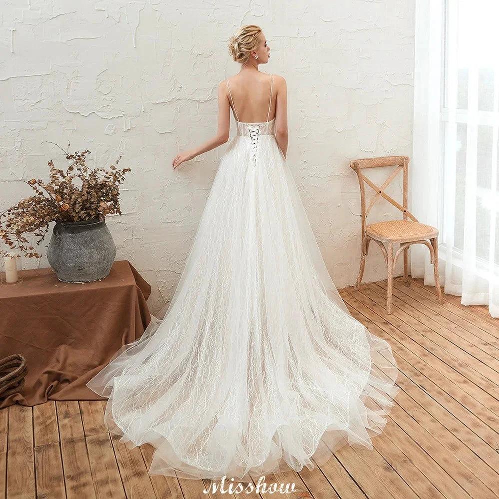 Chic Deep V-Neck White Tulle Princess Open Back Wedding Dress with Court Train - Image 3