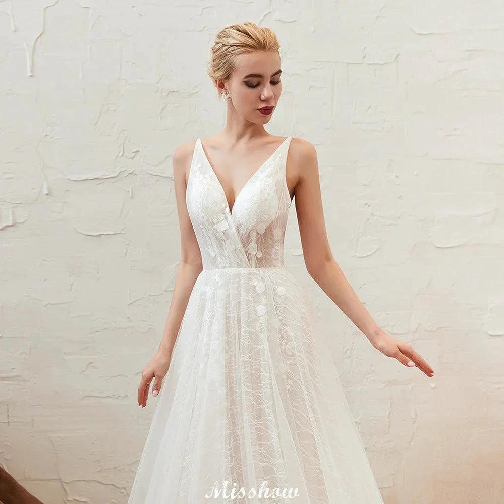 Chic Deep V-Neck White Tulle Princess Open Back Wedding Dress with Court Train - Image 4